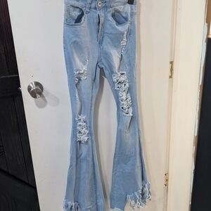 Distressed Light Blue Women's Flare Leg Jeans